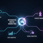 Dijital pazarlama bileşenlerini (SEO, içerik, sosyal medya, veri analizi, online reklamcılık) gösteren bir infografik.