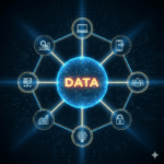 Yapay zeka teknolojileri ile SEO'nun birleşimini ve geleceğini gösteren fütüristik bir konsept.